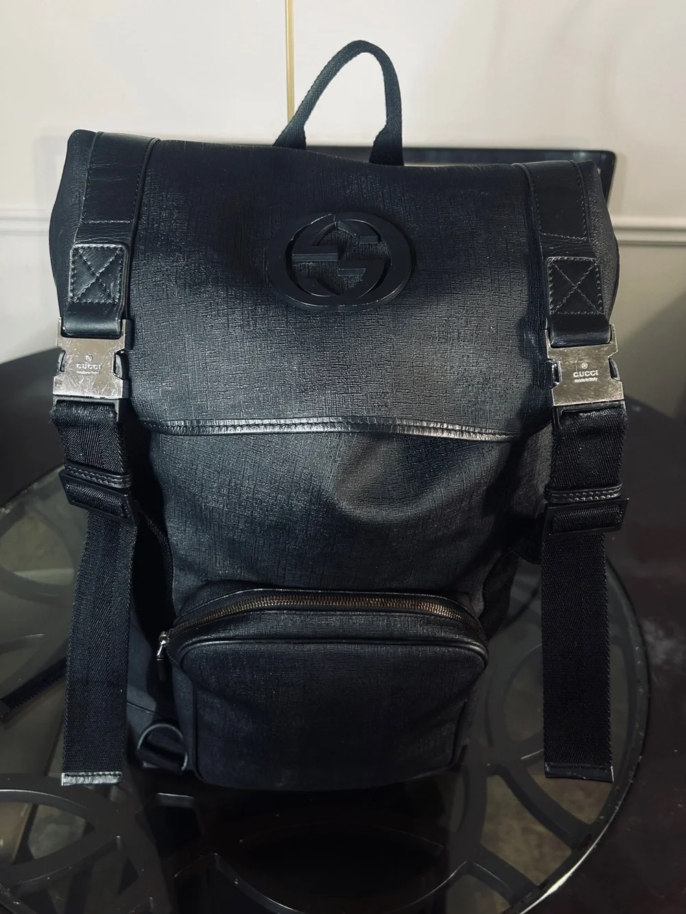 Gucci Interlocking G Backpack Black Coated Canvas Large Travel Bag 246321